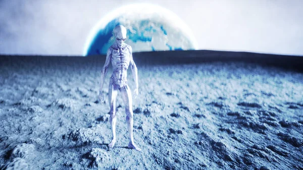 Alien på planet, måne. Jorden på backgound. UFO. 3D-rendering. — Stockfoto