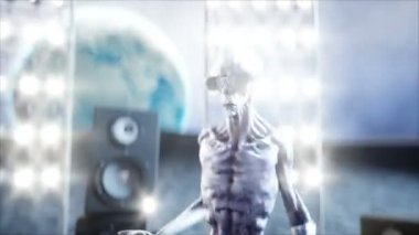 Ay'da dans komik uzaylılar. UFO kavramı. Arka plan dünyada. Alan parti. Gerçekçi 4 k animasyon.