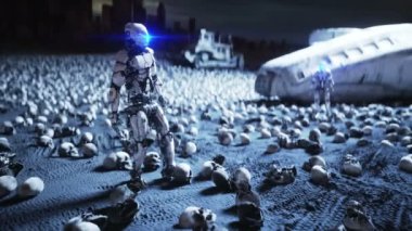 askeri robot ve insan kafatasları. Dramatik kıyamet süper gerçekçi kavramı. Makinelerin yükselişi. Karanlık geleceği.