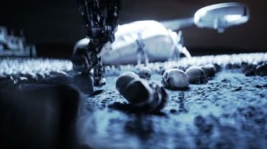 askeri robot ve insan kafatasları. Dramatik kıyamet süper gerçekçi kavramı. Makinelerin yükselişi. Karanlık geleceği.