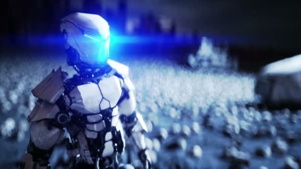 Robot militar y cráneos de personas. Dramático apocalipsis concepto super realista. Rise of the Machines. Futuro oscuro . — Vídeos de Stock