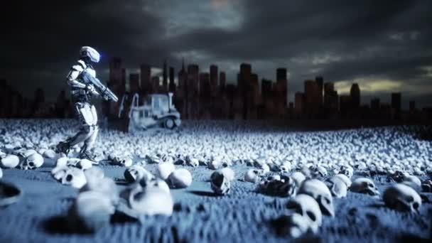 Robot militar y cráneos de personas. Dramático apocalipsis concepto super realista. Rise of the Machines. Futuro oscuro . — Vídeo de stock