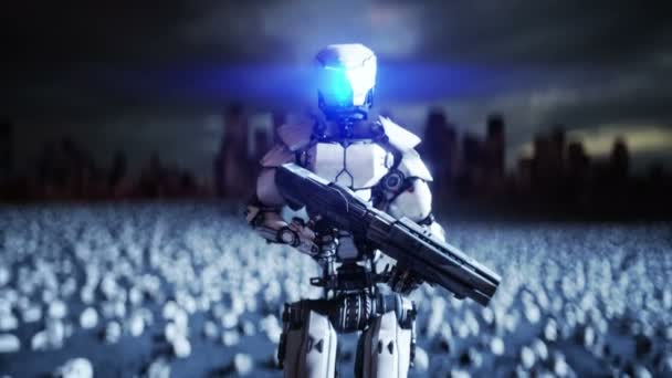 Robot militaire et crânes de personnes. Apocalypse dramatique concept super réaliste. Montée des Machines. Un avenir sombre . — Video