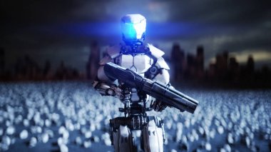 askeri robot ve insan kafatasları. Dramatik kıyamet süper gerçekçi kavramı. Makinelerin yükselişi. Karanlık geleceği. 3D render.