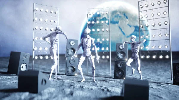 Grappige vreemdelingen dansen op de maan. UFO concept. Aarde op de achtergrond. Partij van de ruimte. 3D-rendering. — Stockfoto