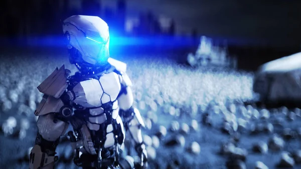 Robot militar y cráneos de personas. Dramático apocalipsis concepto super realista. Rise of the Machines. Futuro oscuro. renderizado 3d . — Foto de Stock