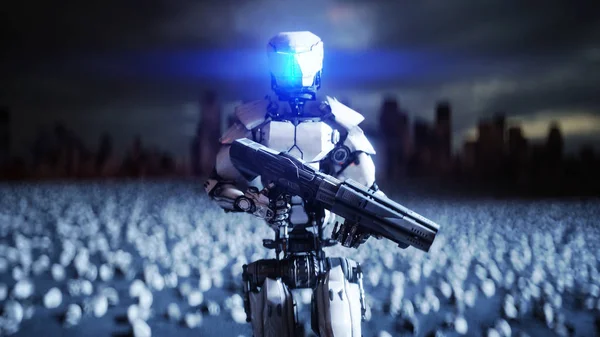 Military robot and skulls of people. Dramatic apocalypse super realistic concept. Rise of the Machines. Dark future. 3d rendering. — Stock Photo, Image