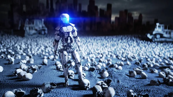 Militaire robot en schedels van mensen. Dramatische Apocalyps super realistisch concept. Rise of the Machines. Donkere toekomst. 3D-rendering. — Stockfoto