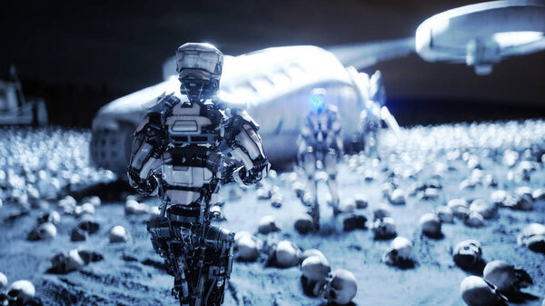 военный робот и черепа людей. Драматический апокалипсис супер реалистичная концепция. Восстание машин. Темное будущее. 3d-рендеринг
.