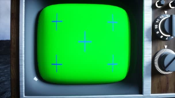 Старый деревянный винтажный телевизор на луне. Земной фон. Космическая концепция Трансляция. Зеленый экран . — стоковое видео