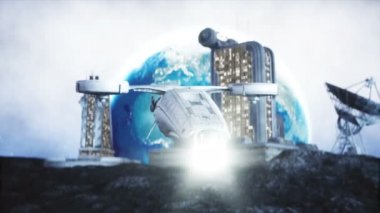 Askeri uzay gemisi sinek aya. Ay kolonisi. Dünya artalanları. Gerçekçi 4 k animasyon.