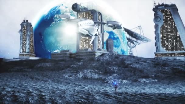 Le vaisseau spatial militaire vole sur la lune. Colonie lunaire. Retour sur Terre. Animation 4K réaliste .