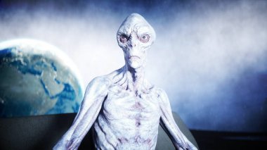 komik yabancı ay kanepede televizyon izlerken. Ay kavramı üzerinde yaşayan. Earth arka plan. 3D render.