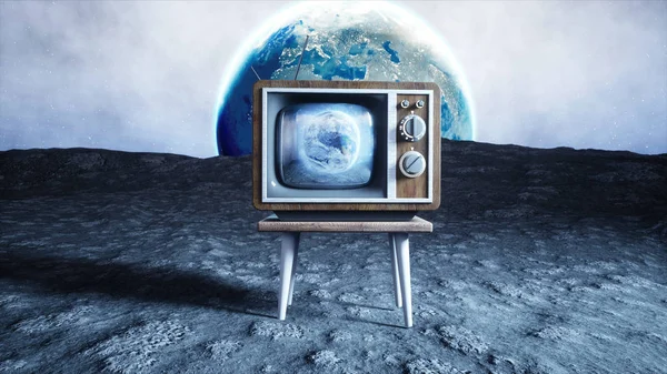 Oude houten vintage Tv op de maan. Achtergrond van de aarde. Het concept van de ruimte. Uitgezonden. 3D-rendering. — Stockfoto