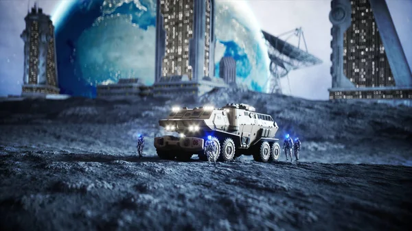 Military car on moon with robots. Moon colony. Earth backround. 3d rendering. — Stock Photo, Image