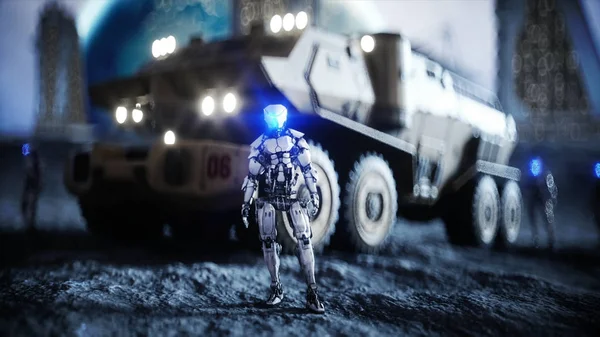 Vojenské auto na měsíci s roboty. Měsíce kolonie. Pozadí země. 3D vykreslování. — Stock fotografie