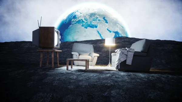 Living room on the moon. Live on the moon concept. Earth background. 3d rendering.