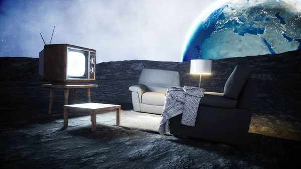 달에 리빙 룸입니다. 달에 살고 있습니다. 지구 배경입니다. 3 차원 렌더링. — 스톡 사진