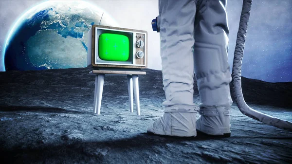 혼자 우주 비행사 달에 시계 오래 된 Tv. 귀하의 콘텐츠를 추적 3 차원 렌더링. — 스톡 사진