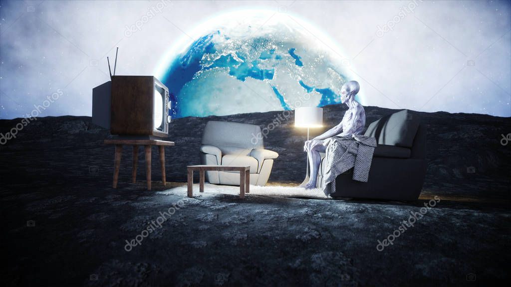 funny alien watching TV on the sofa on the moon. Living on the moon concept. Earth background. 3d rendering.