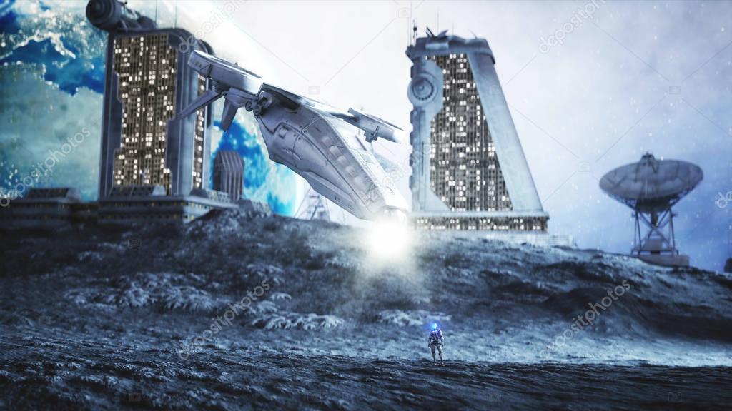 Military space ship fly on moon. Moon colony. Earth backround. 3d rendering.