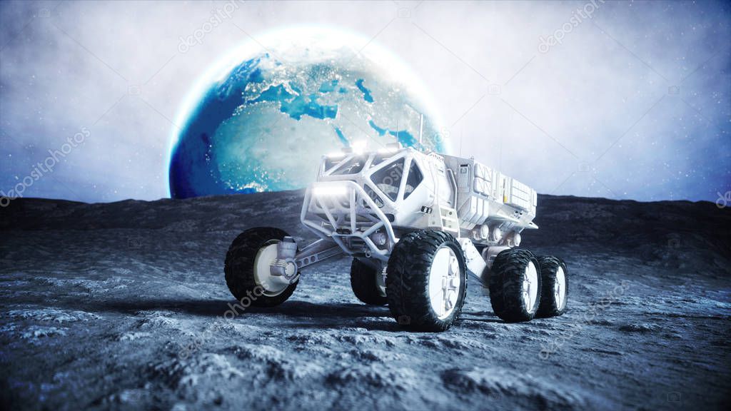 Moon rover on the moon. space expedition. Earth background. 3d rendering.