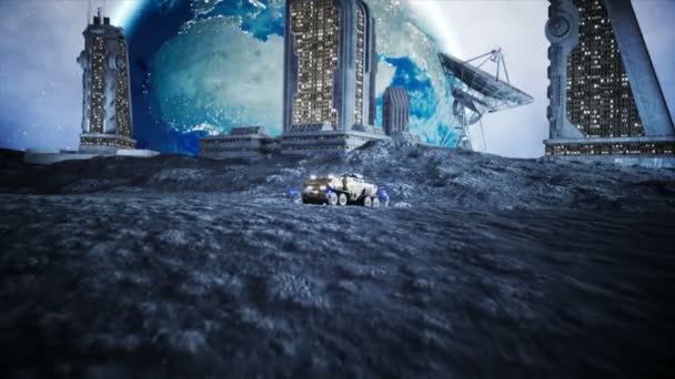 Στρατιωτικό αυτοκίνητο στο φεγγάρι με ρομπότ. Φεγγάρι αποικία. Γη backround. Ρεαλιστικό animation 4 k. — Αρχείο Βίντεο