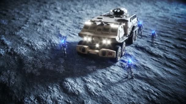 Coche militar en la luna con robots. Colonia lunar. En la Tierra. Animación realista 4K . — Vídeos de Stock