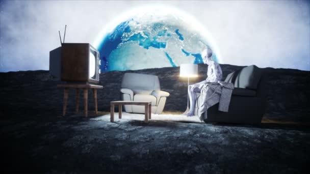 Funny alien watching TV on the sofa on the moon. Living on the moon concept. Earth background. 3d rendering. — Stock Video