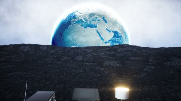 Vardagsrum på månen. Live på månen konceptet. Jorden bakgrund. 3D-rendering. — Stockvideo