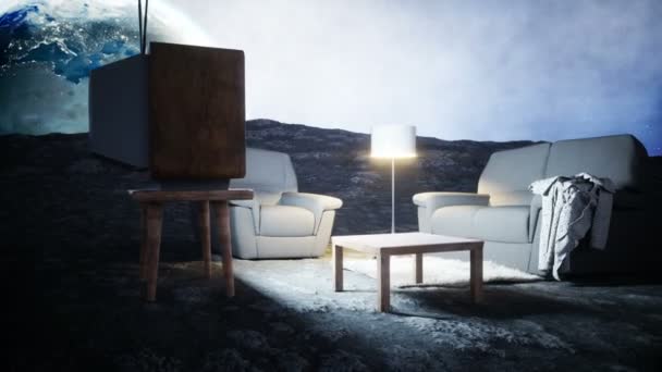 Living room on the moon. Live on the moon concept. Earth background. 3d rendering. — Stock Video