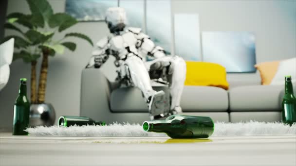 Robot sit soffan. Koppla av. Begreppet framtid. Realistisk 4 k animation. — Stockvideo