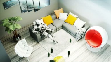 Divan robot burada. Sakin ol. Gelecek kavramı. Gerçekçi 4 k animasyon.