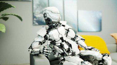 Divan robot burada. Sakin ol. Gelecek kavramı. 3D render.