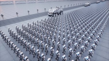 askeri robotlar işgali. Dramatik kıyamet süper gerçekçi kavramı. Gelecek. 3D render.