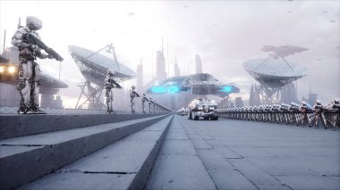 askeri robotlar işgali. Dramatik kıyamet süper gerçekçi kavramı. Gelecek. 3D render.