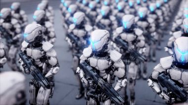 askeri robotlar işgali. Dramatik kıyamet süper gerçekçi kavramı. Gelecek. 3D render.