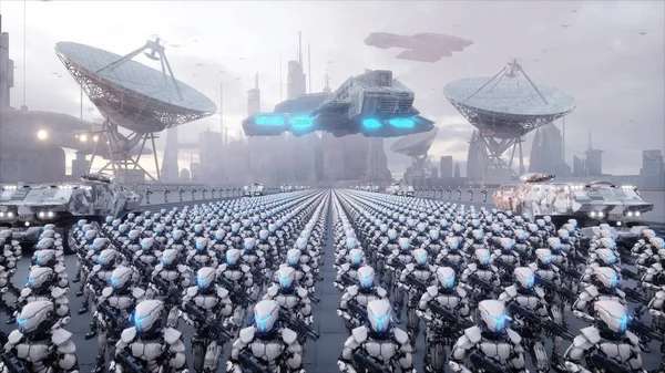 Invasão de robôs militares. Apocalipse dramático conceito super realista. Futuro. Renderização 3d . — Fotografia de Stock