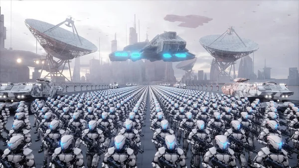 askeri robotlar işgali. Dramatik kıyamet süper gerçekçi kavramı. Gelecek. 3D render.