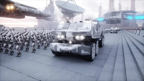 Invasion de robots militaires. Apocalypse dramatique concept super réaliste. Le futur. Rendu 3d . — Photo