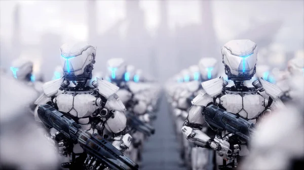 askeri robotlar işgali. Dramatik kıyamet süper gerçekçi kavramı. Gelecek. 3D render.
