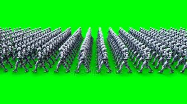 silahlı askeri robotlar işgali. yürüyen robot. Yeşil ekran 4k görüntüleri.