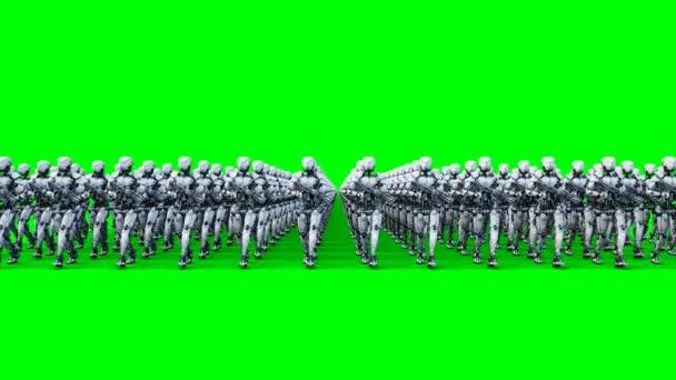 Invasie van militaire robots met pistool. Marching robots. Groen scherm 4k-beeldmateriaal. — Stockvideo