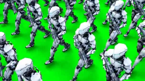 Invasionen av militära robotar med pistol. marscherande robotar. Grön skärm 4k film. — Stockvideo