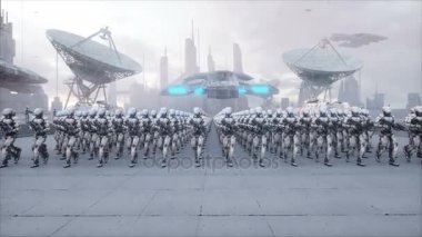 askeri robotlar işgali. Dramatik kıyamet süper gerçekçi kavramı. Gelecek. 4 k animasyon.