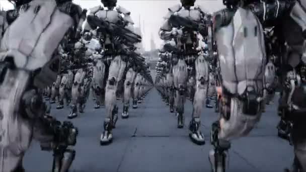 Invasionen av militära robotar. Dramatiska apokalyps super realistisk koncept. Framtiden. 4 k animation. — Stockvideo