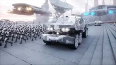 askeri robotlar işgali. Dramatik kıyamet süper gerçekçi kavramı. Gelecek. 4 k animasyon.