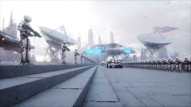 askeri robotlar işgali. Dramatik kıyamet süper gerçekçi kavramı. Gelecek. 4 k animasyon.