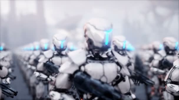 Invasión de robots militares. Dramático apocalipsis concepto super realista. Futuro. Animación 4k . — Vídeo de stock