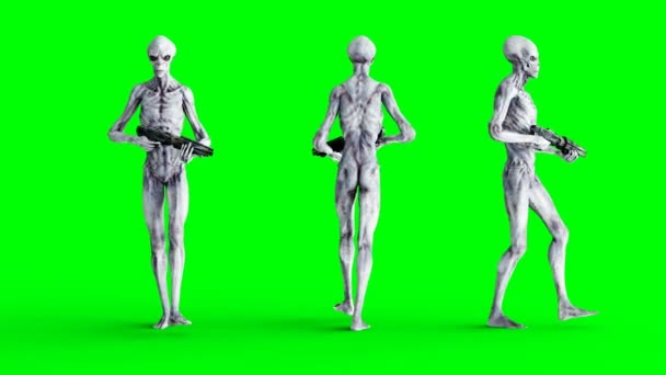 Alien lopen met een pistool. Realistische beweging en huid shaders. 4 k groen scherm beeldmateriaal. — Stockvideo